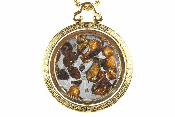 Sericho Pallasite Meteorite Pendant In Gold Rotating Frame #273793